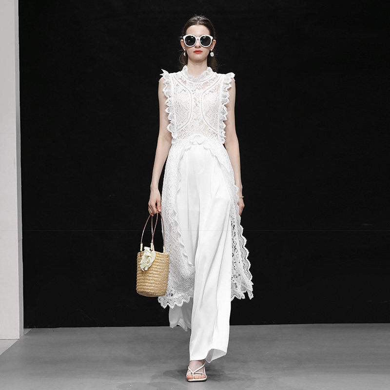 2026年夏新款轻奢优雅高级感无袖蕾丝上衣+高腰直筒阔腿裤套装