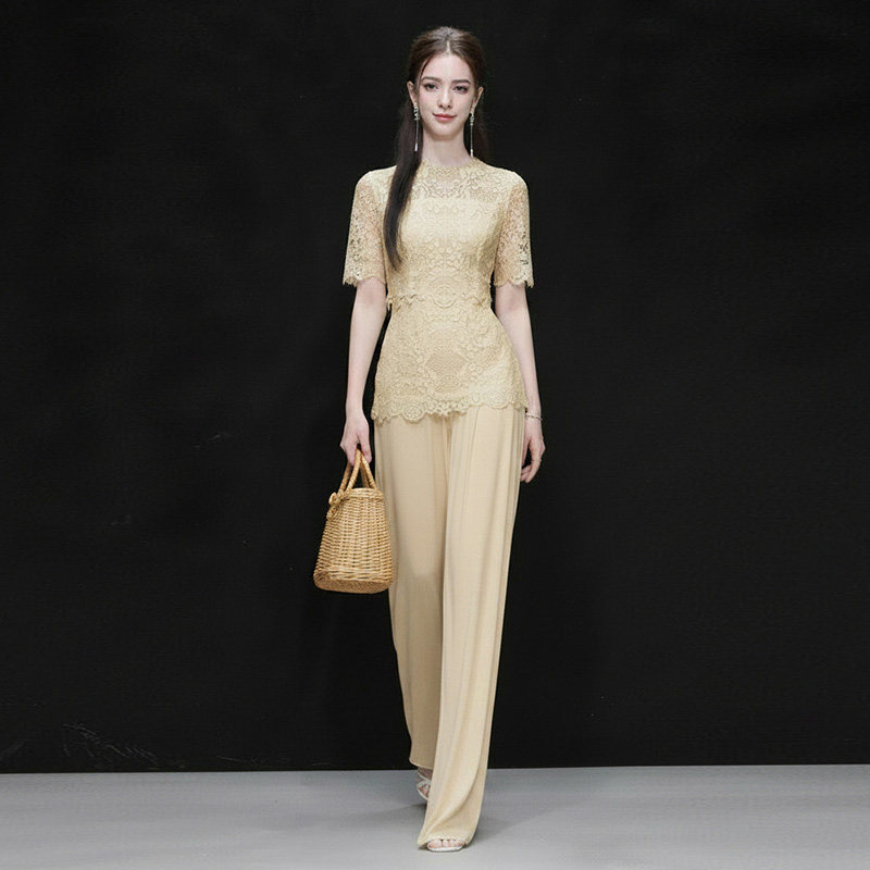 2026夏季新款气质钻条圆领短袖蕾丝上衣+高腰雪纺阔腿长裤套装