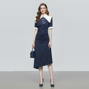 2026夏季新款国潮气质复古大翻领拼接修身中长款鱼尾连衣裙女装