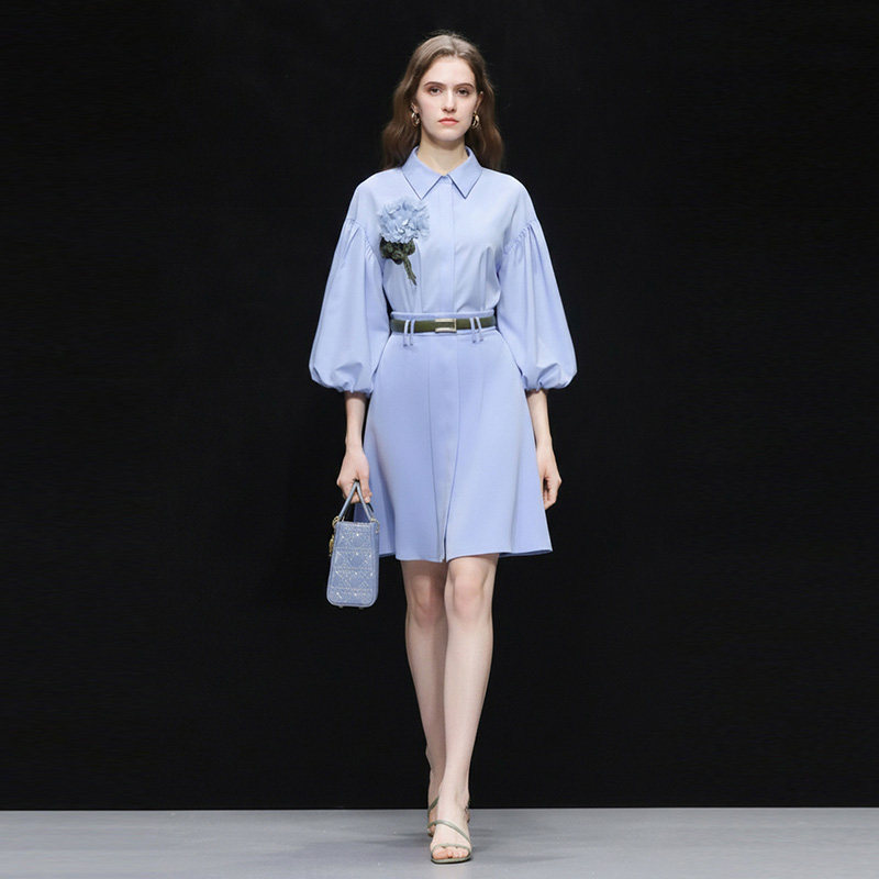 2026夏季新款时尚撞色立体花朵灯笼袖衬衣+高腰百搭A字半裙套装