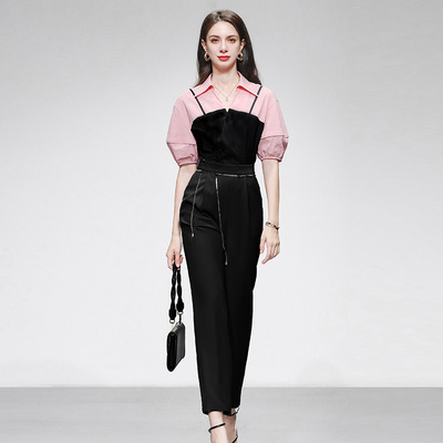 2025夏季新款时尚百搭V领撞色荷叶摆衬衣高腰显瘦哈伦裤长裤套装