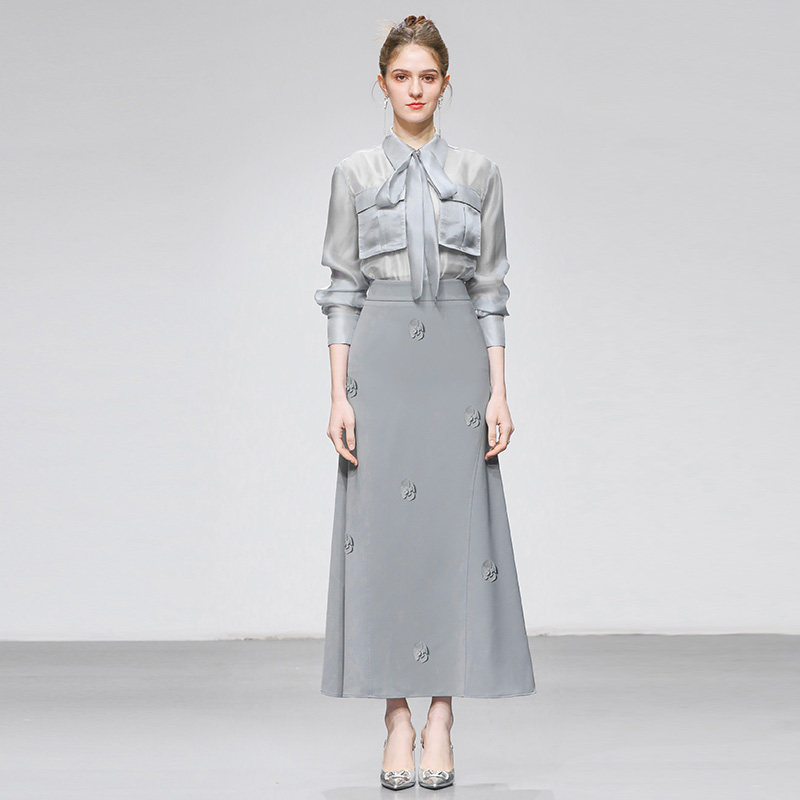 2026春季新款女装法式都市薄纱半透衬衫套装高腰修身包臀鱼尾裙