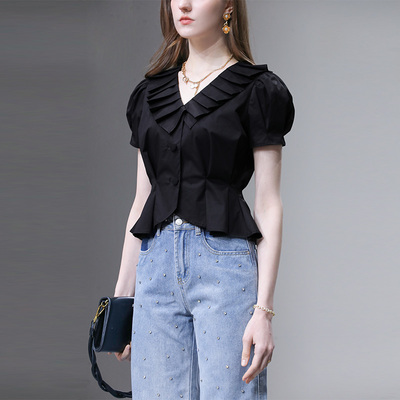 2025年夏季新款时尚百搭减龄百褶娃娃领收腰泡泡袖衬衣女