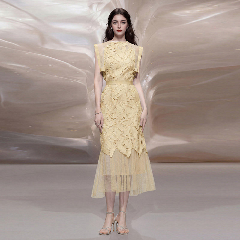 夏季女装2026新款气质两件套浅黄蕾丝上衣纱裙长裙裙子套装