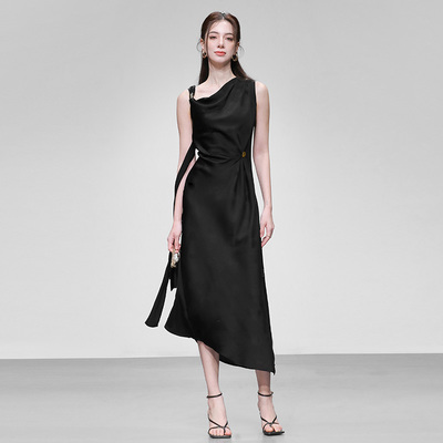 2025夏季新款时尚法式优雅设计感荡领收腰长裙不规则黑色连衣裙女
