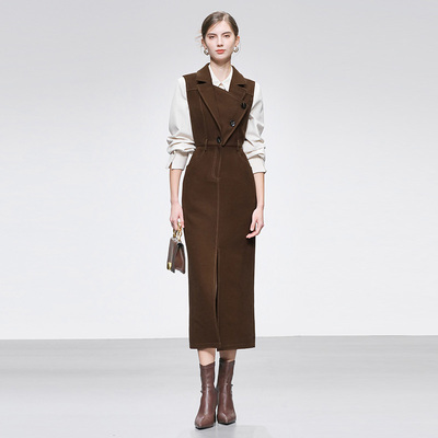 2025秋冬季优雅翻领造型无袖长款收腰直筒前中开衩连衣裙裙子