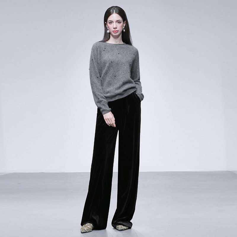 山羊绒钉珠时尚灰色百搭羊毛毛衣