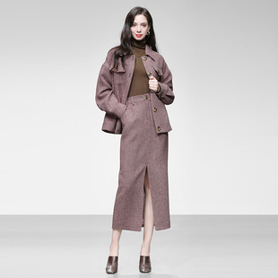 2025秋冬季时尚翻领落肩工装风贴袋毛呢外套高腰长款半裙套装