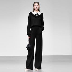 2025秋冬季新款女装时尚玫瑰花重工针织高腰显瘦阔腿裤套装潮