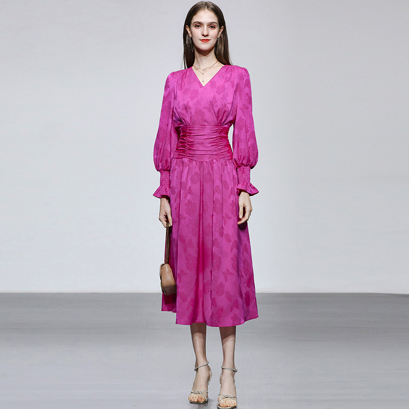 QC2023秋季新款时尚气质抽褶收腰大摆设计优雅玫红色提花连衣裙,女装/女士精品,连衣裙,淘宝优惠券,粉丝福利购,淘宝优惠卷