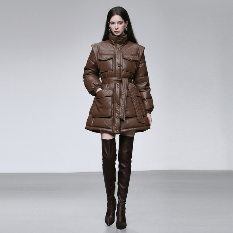 2025冬季新款时尚休闲宽松版系带工装风pu皮90白鸭绒羽绒服外套