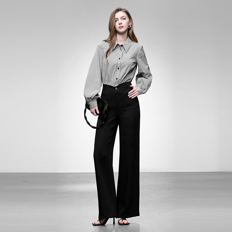 2026春季新款通勤休闲气质翻领黑白条纹衬衣+高腰直筒阔腿裤套装,女装/女士精品,时尚套装,淘宝优惠券,粉丝福利购,淘宝优惠卷