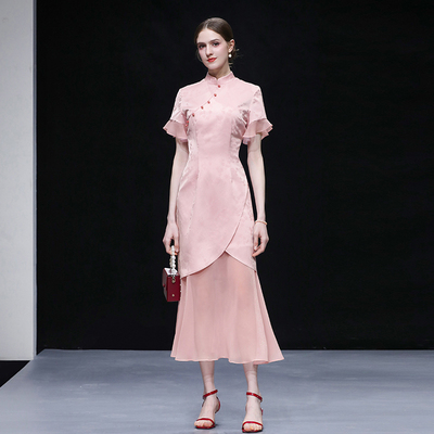 2025夏季新款国风新中式立领珠扣装饰收腰修身提花鱼尾摆连衣裙