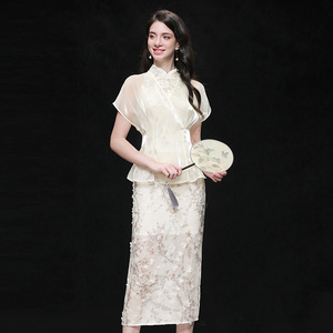 2026夏季新款新中式复古欧根纱罩衫立领立体花朵修身连衣裙女