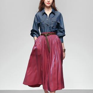 2025秋装新款女装气质休闲两件套潮牛仔衬衫衬衣长裙裙子套装