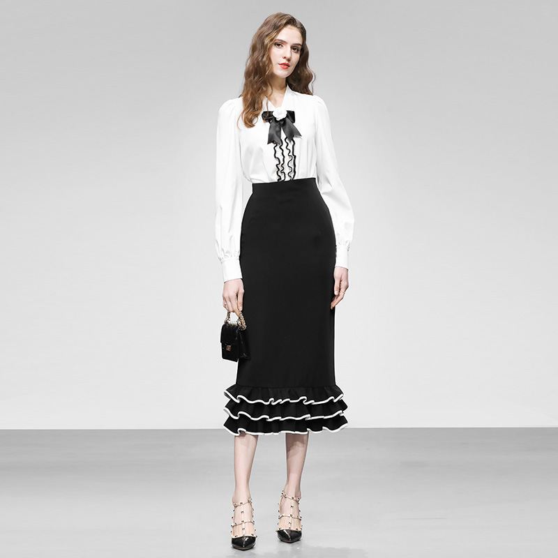 2026春季新款法式木耳边撞色灯笼袖白衬衣+高腰撞色黑色半裙套装