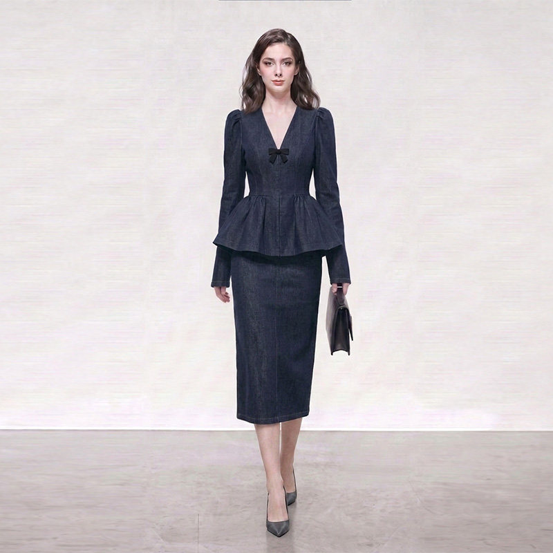 2026秋季新款女装V领收腰藏肚子上衣+高腰直筒半裙气质甜美套装
