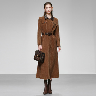 2025秋冬季时尚复古棕色PU拼接收腰系带长款鱼尾连衣裙加厚女