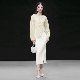 木耳边外罩衫 气质镂空珠片钩花长袖 吊带针织连衣裙 新款 2026春季