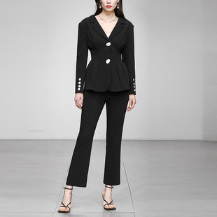秋装女装2025新款气质两件套黑色小西装外套九分裤裤子套装潮