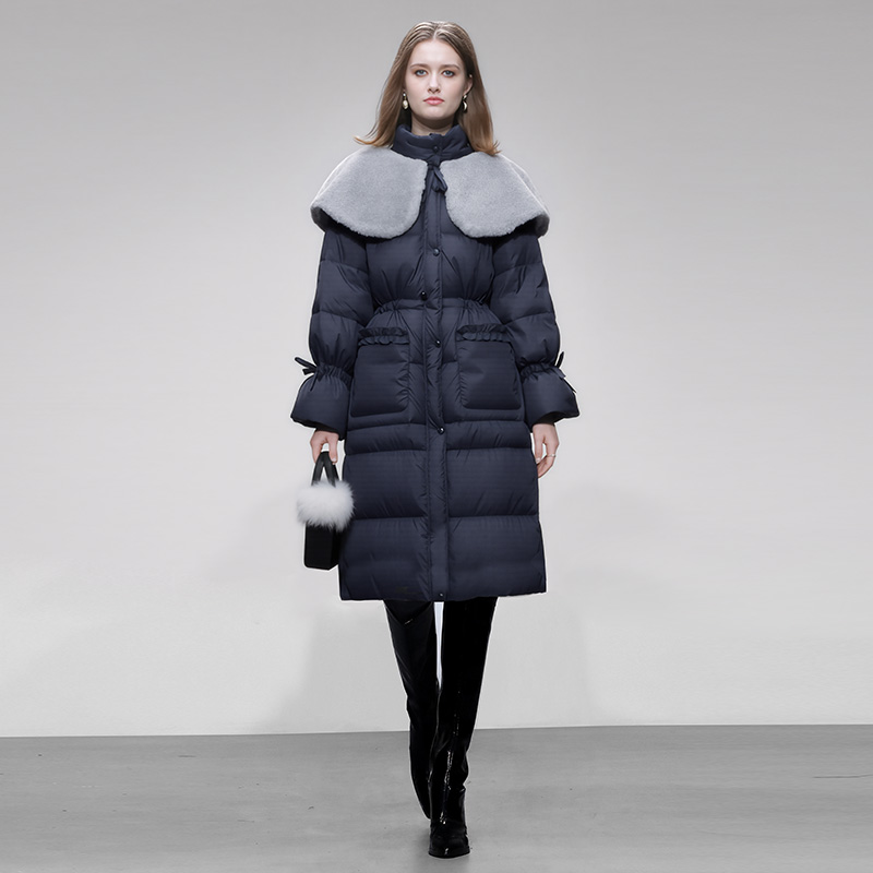 2025年冬季新款可取毛毛领灯笼袖收腰A字荷叶边中长款羽绒服外套