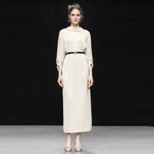 气质半高领造型袖 时尚 收腰直筒后中开衩仿醋酸连衣裙 新款 2026春季