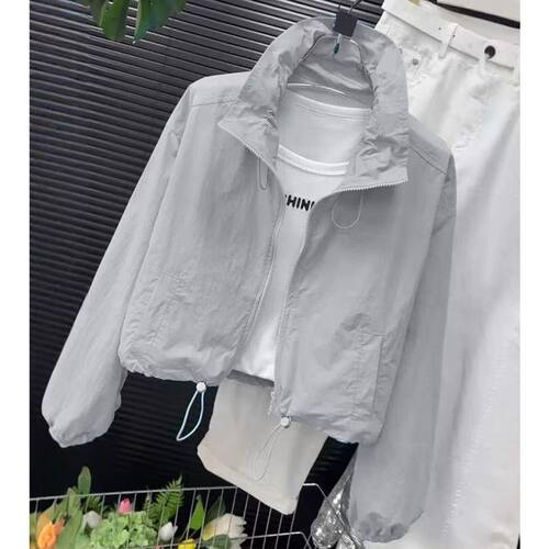 夏季灰色宽松立领防晒短外套女