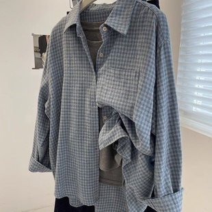 清仓捡漏专柜撤回复古格子磨毛衬衫长袖宽松衬衣女外套春夏季上衣