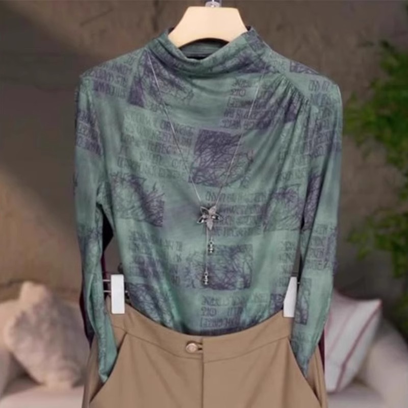 欧货小衫女装长袖秋冬新款半高领打底衫大码内搭德绒印花t恤上衣