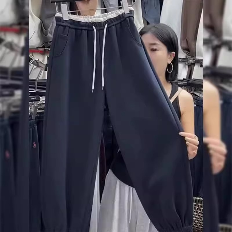 欧货拼接撞色束脚裤女秋冬季大码梨形身材小个子加绒加厚休闲卫裤