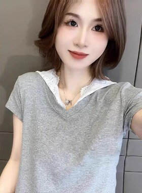 外贸原单专柜撤回灰色蕾丝拼接大码连帽短袖t恤女夏季单穿上衣潮