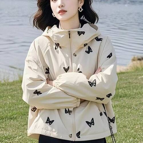 外贸原单专柜撤回印花连帽防晒衣女夏季冲锋衣防晒外套户外防晒服