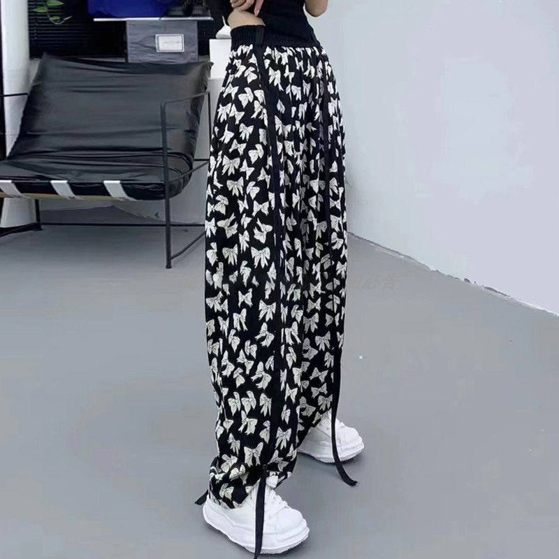 欧货高腰直筒裤女2023新款休闲裤裤子飘带绳子蝴蝶结宽松阔腿裤潮