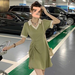 收腰显瘦休闲t恤裙子女 小众修身 绿色polo领抽绳连衣裙 设计感夏季