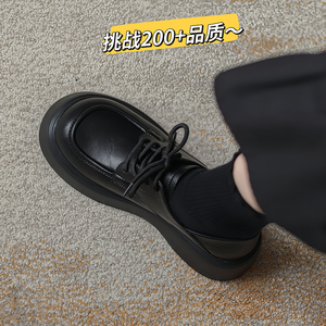 真皮英伦风小皮鞋女2023年秋冬新款单鞋松糕厚底学院风系带乐福鞋