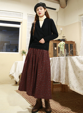 半身裙女秋冬中长款 a字百褶大摆裙文艺酒红色棉麻碎花裙百搭宽松