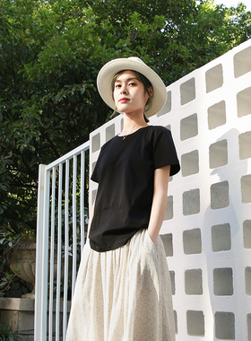 t恤女夏 2025新款复古港味文艺黑色丝光棉短袖上衣百搭宽松薄款衣