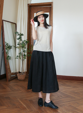 2025夏季新款苎麻半身裙 松紧腰梨形身材a字裙黑色百搭显瘦中长裙