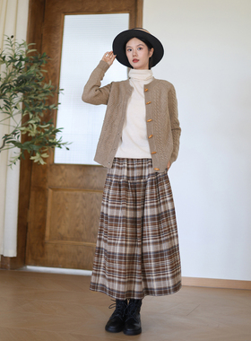 原创秋冬新款格子半身裙女 纯棉松紧腰百搭显瘦A字裙文艺复古长裙