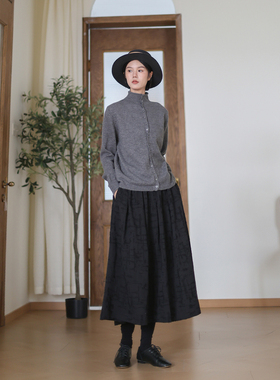 ZAN秋冬新款复古文艺黑色半身裙女百搭显瘦A字中长裙提花棉麻半裙