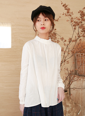 衬衫女2025新款秋文艺白色立领苎麻棉长袖衬衣百搭宽松小清新上衣