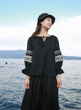 衬衫女2025新款春季复古港味文艺黑色刺绣棉麻衬衣百搭宽松小清新