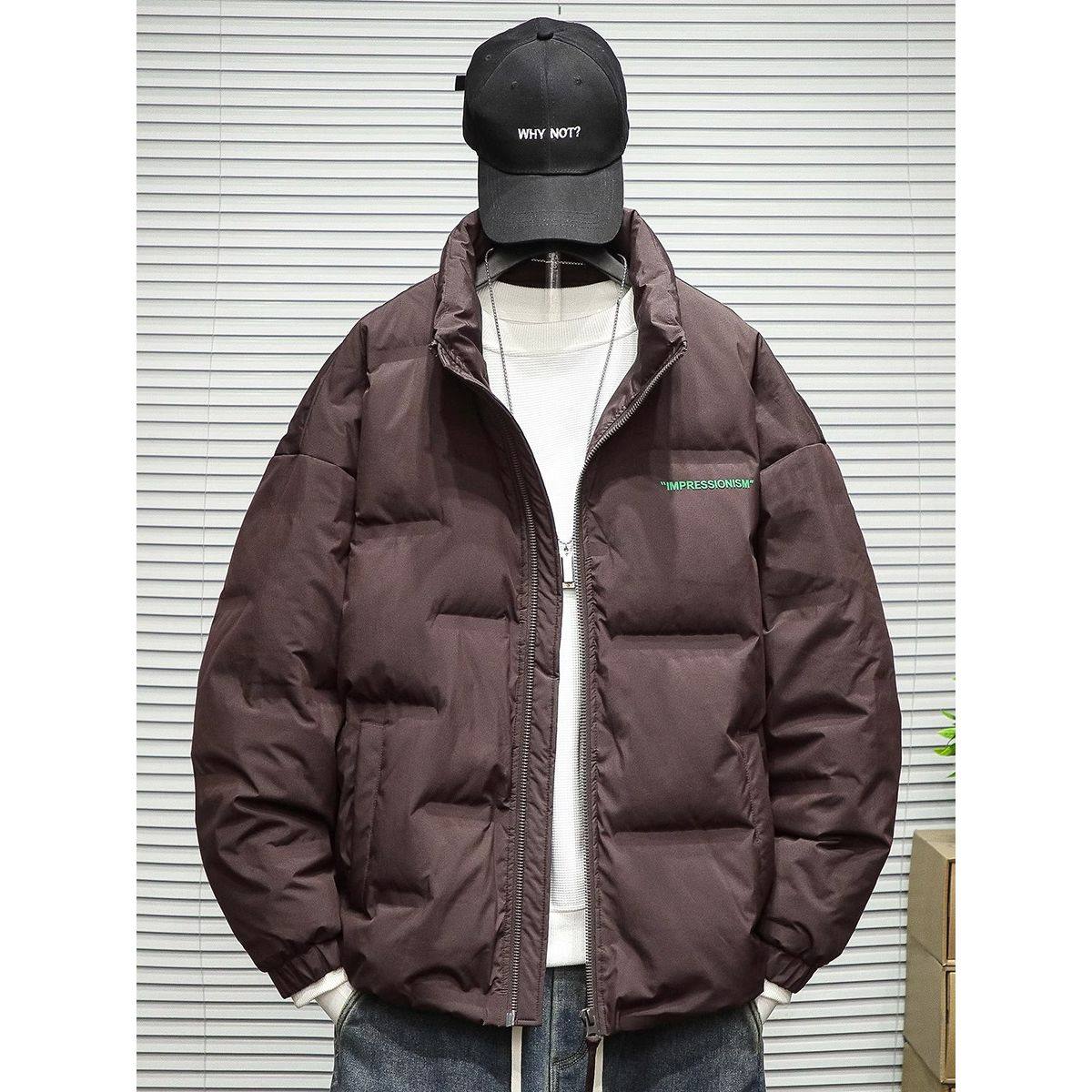 美式潮牌复古短款立领面包羽绒服男大码宽松胖子青少年白鸭绒外套