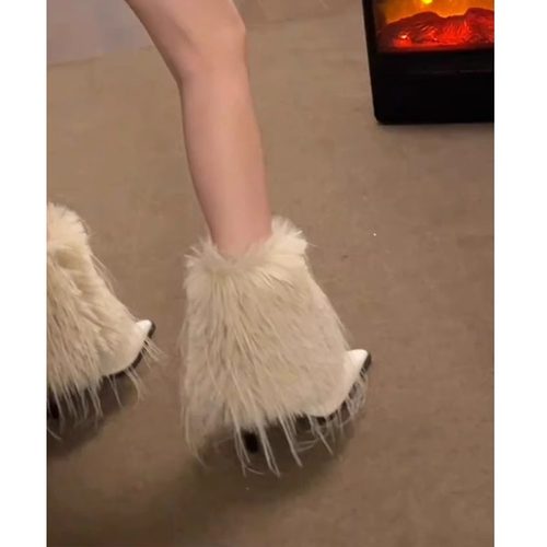 尖头毛毛靴子细跟高跟靴