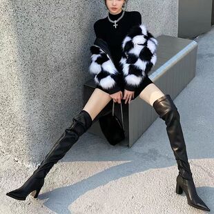 欧美尖头辣妹长靴女2025秋冬真皮过膝弹力靴女高跟显瘦高筒时装靴