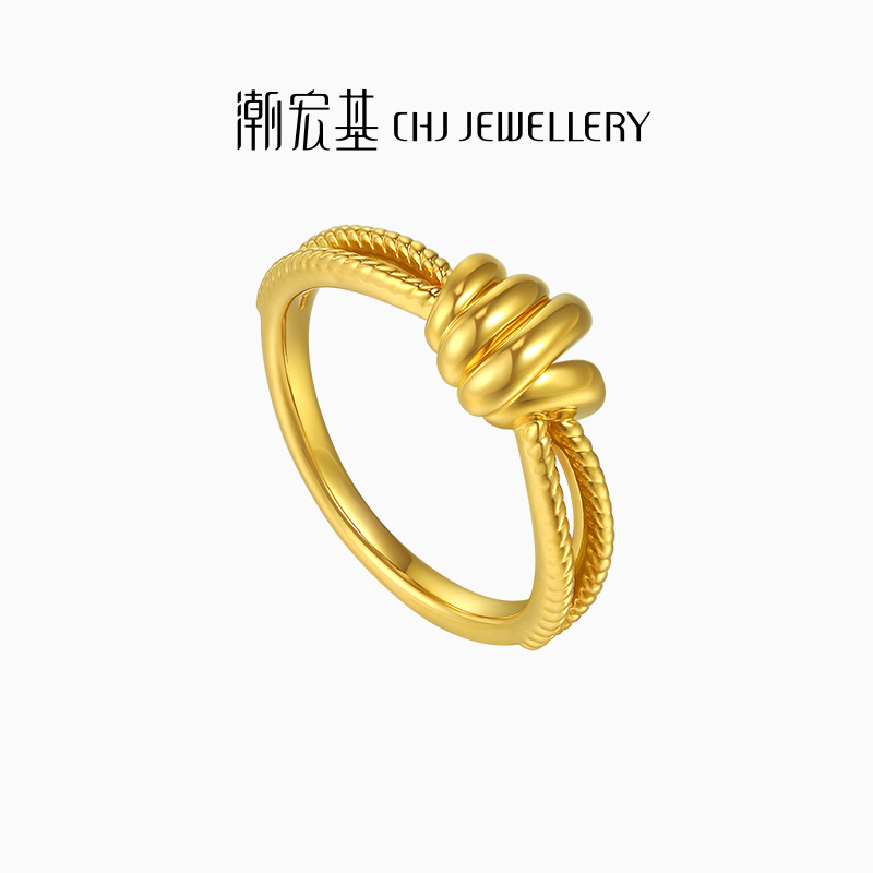 潮宏基IN+黄金戒指足金极简个性5D硬金叠戴双层送女友礼物ins风