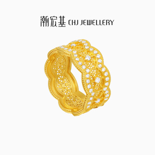 潮宏基非遗花丝风雨桥黄金钻石戒指足金戒圈5G金高级感轻奢礼物女
