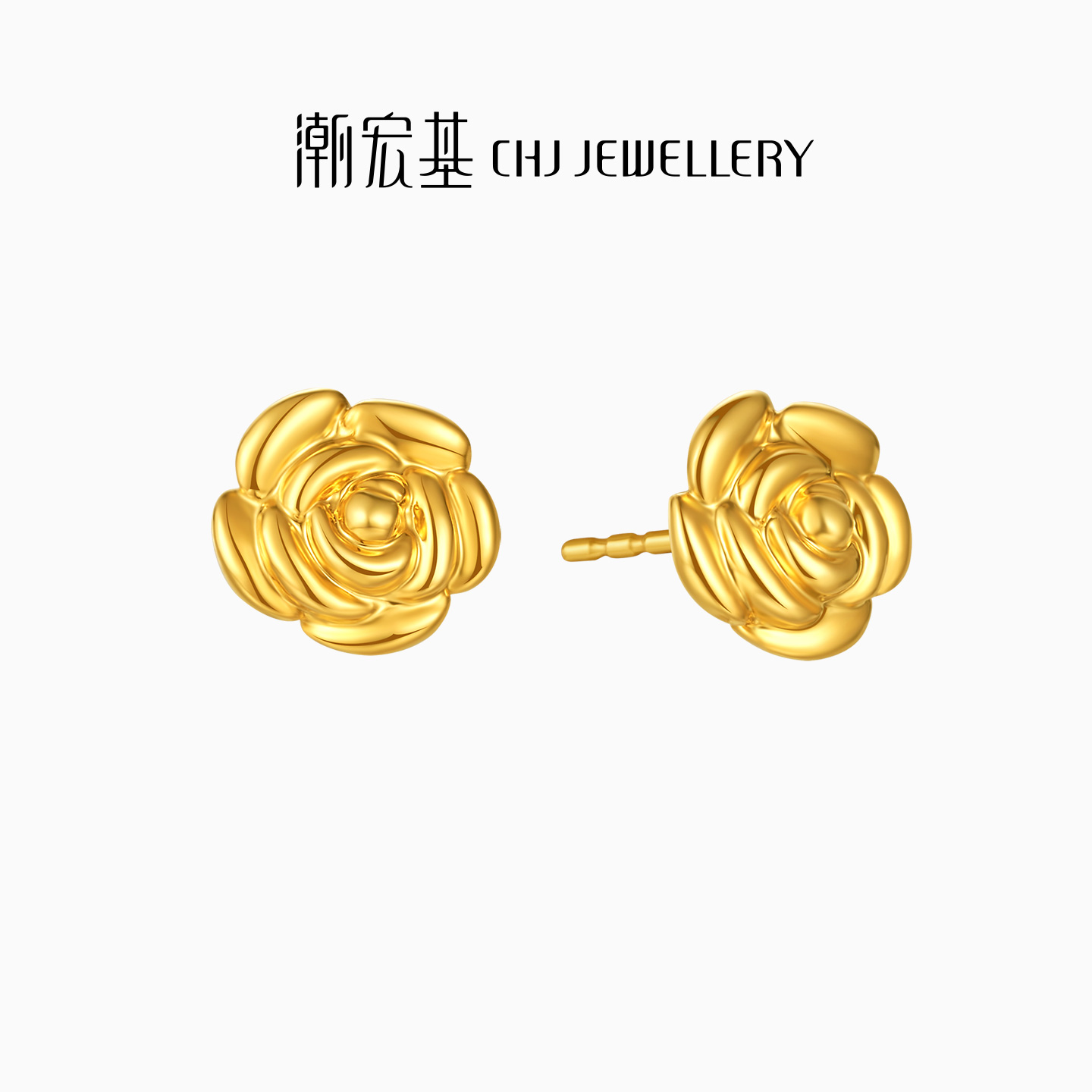 潮宏基山茶花18K金耳钉复古