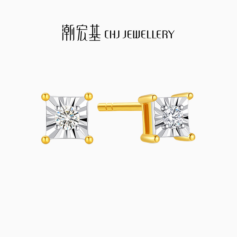 潮宏基至简方糖黄18K金钻石耳钉彩金耳环公主方钻耳饰送闺蜜单只,珠宝/钻石/翡翠,耳饰,淘宝优惠券,粉丝福利购,淘宝优惠卷