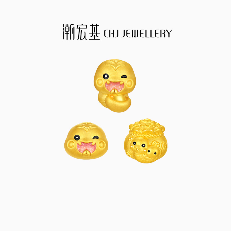 潮宏基萌吉蛇足金串珠黄金转运珠手饰5D硬金珐琅生肖本命年女
